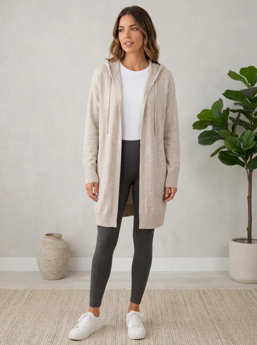 Women's Casual Minimalist Beige Hooded Open Cardigan