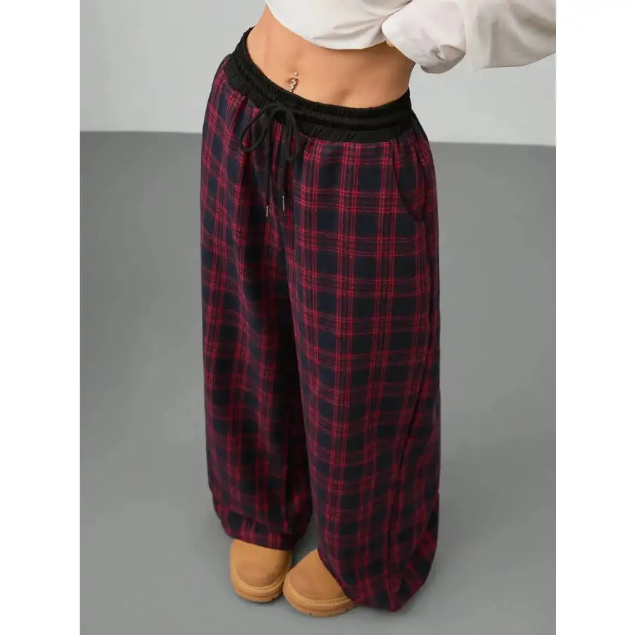 Plaid Wide Leg Pants with Drawstring Waist