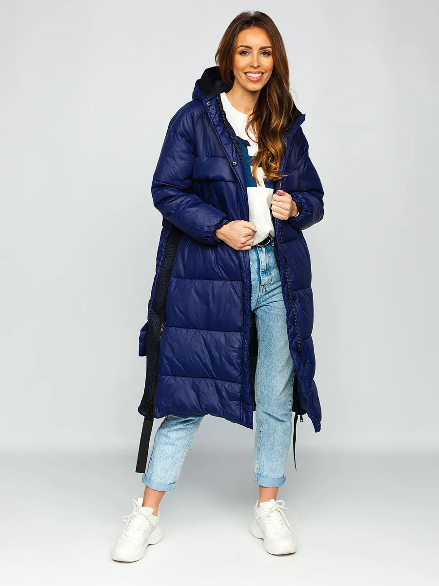 Dark blue women's long winter jacket with hood