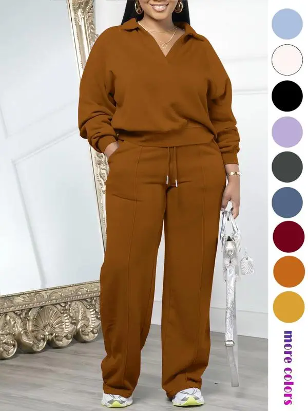 Women'S Solid Long Sleeve Sweatshirt & Drawstring Waist Pants Set