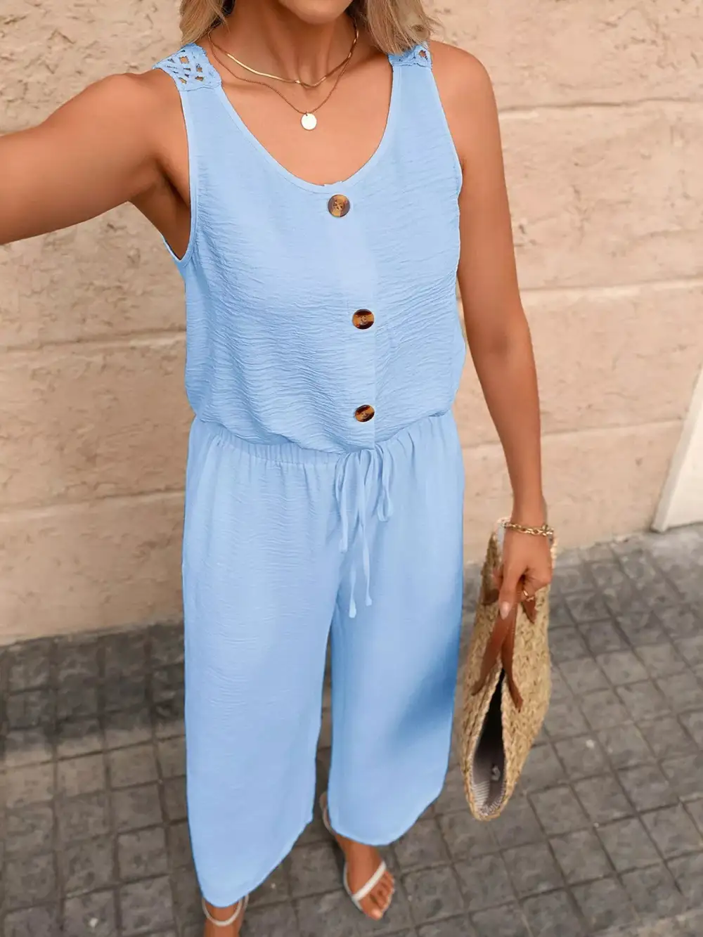 Sleeveless Button Front Wide Leg Jumpsuit