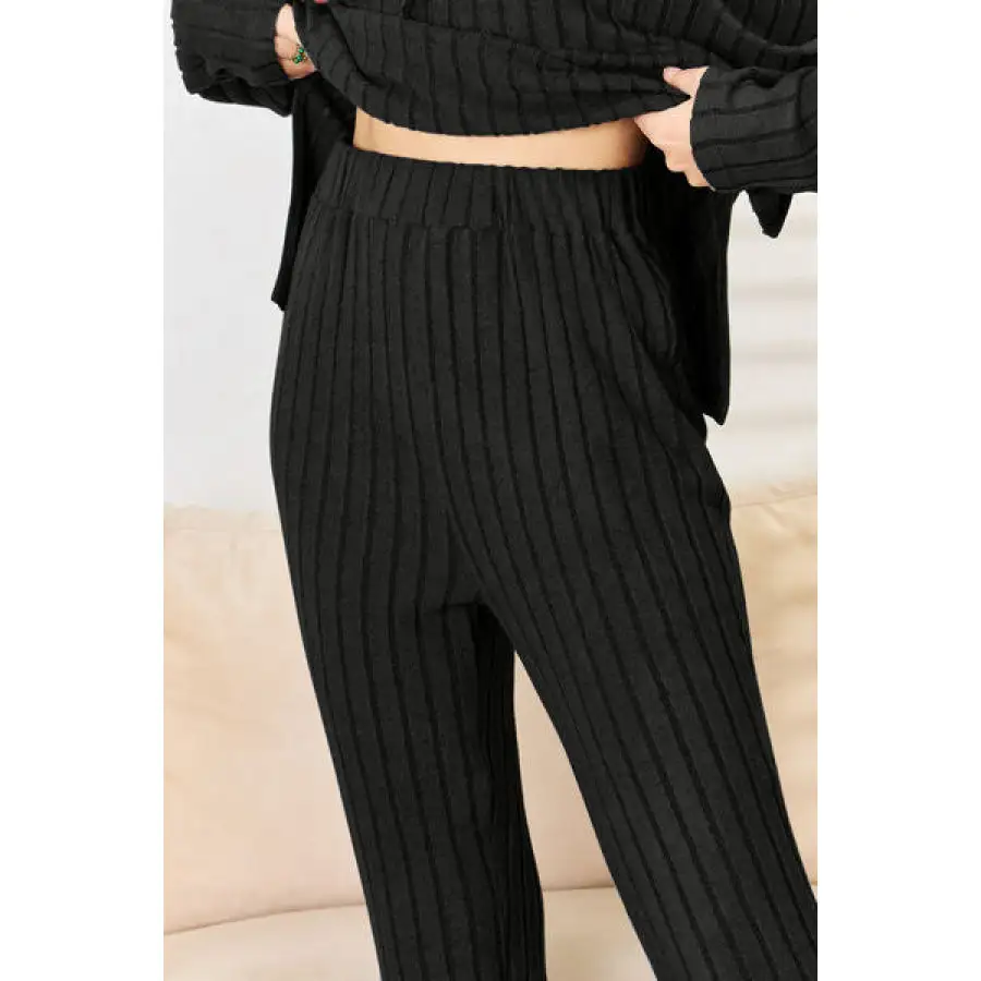 Basic Ribbed Drawstring Hood Top and Straight Pants Set