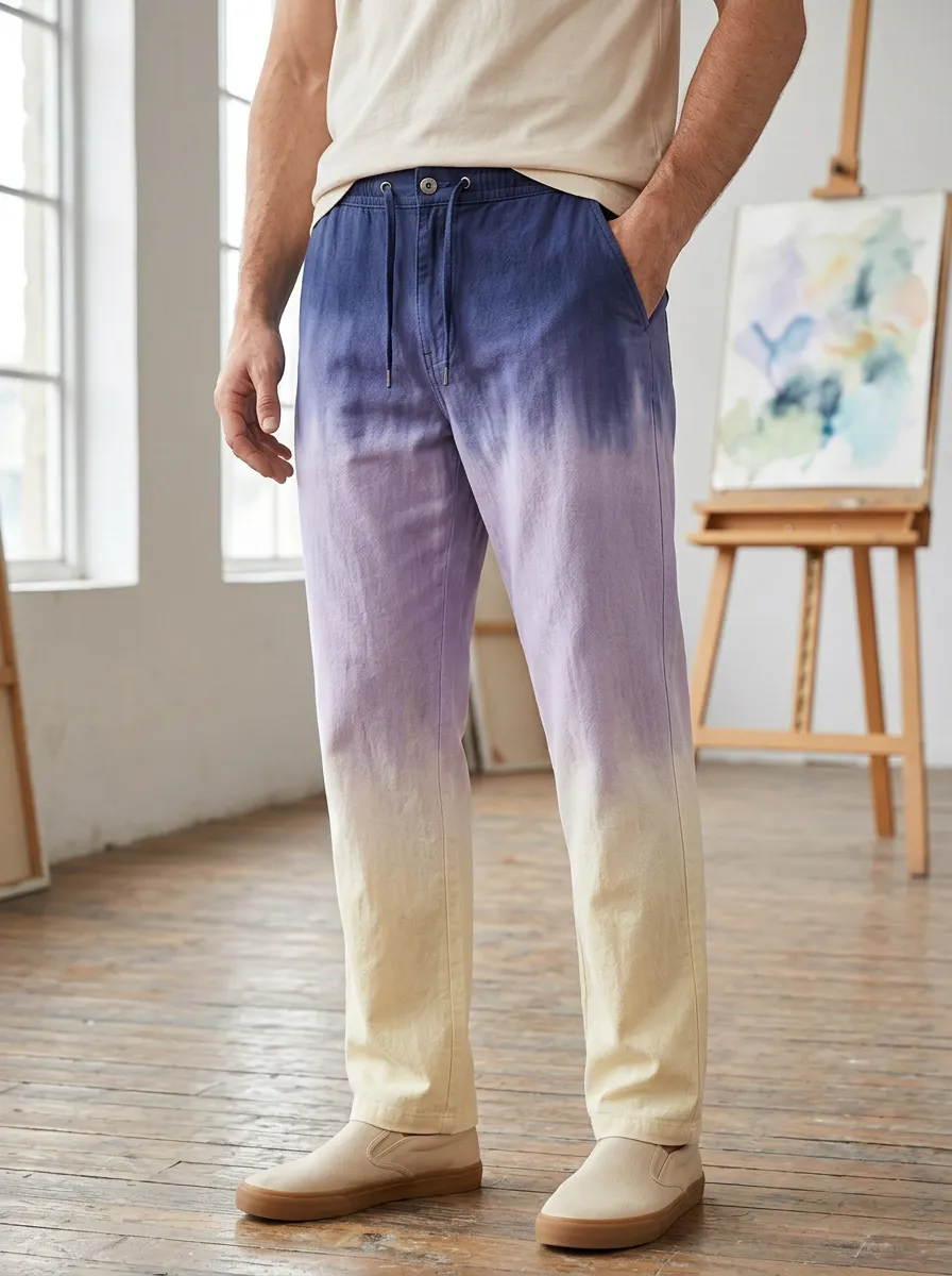 Men's Casual Style Blue Purple Gradient Printed Pants