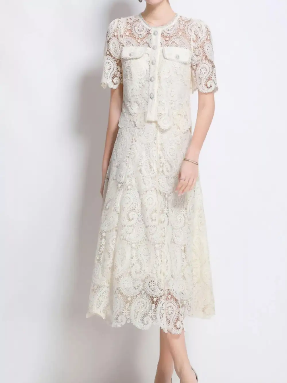 Draped Button Front Lace Detail Coordinated Set