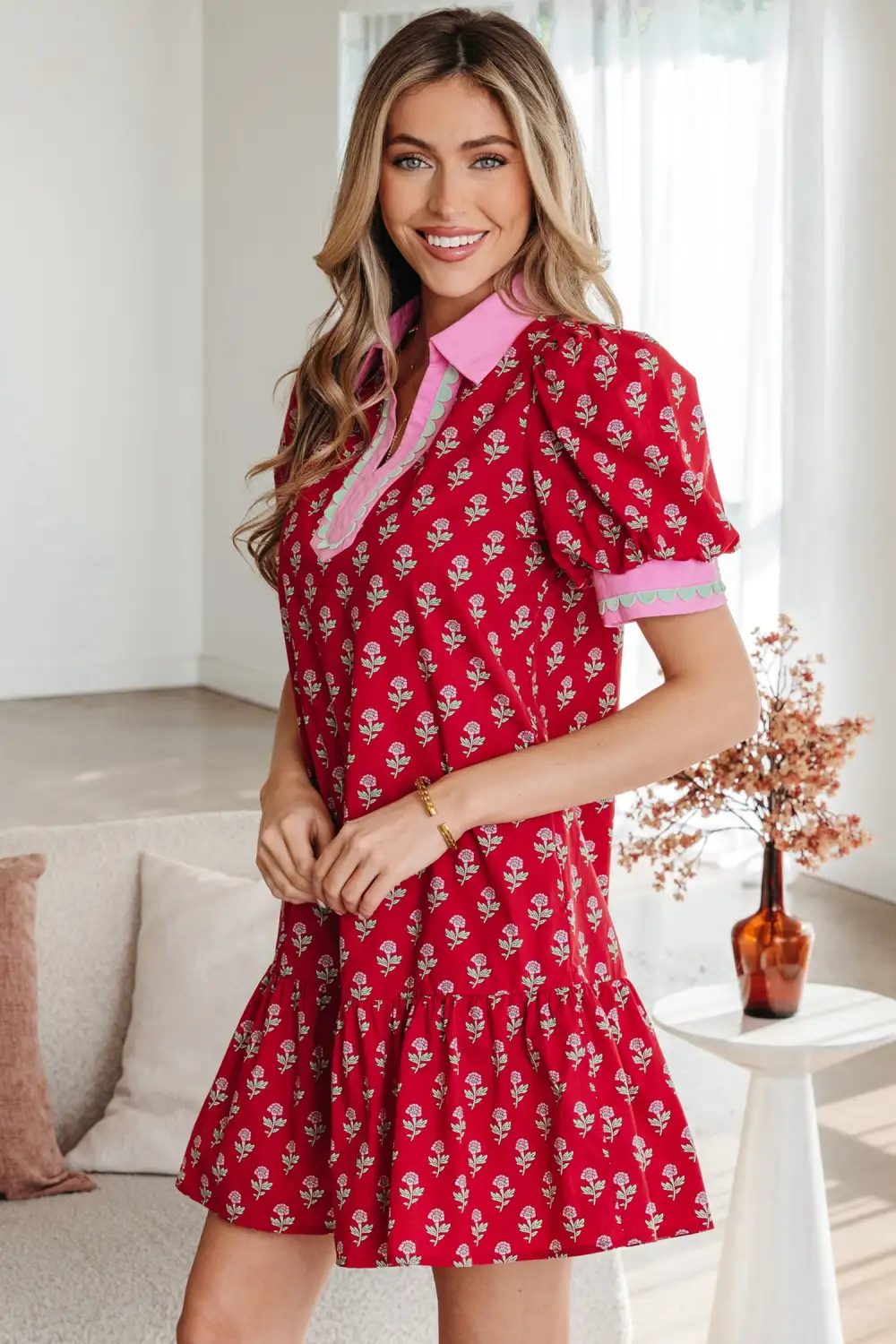 Layered Detail Floral Printed V Neck Mini Dress