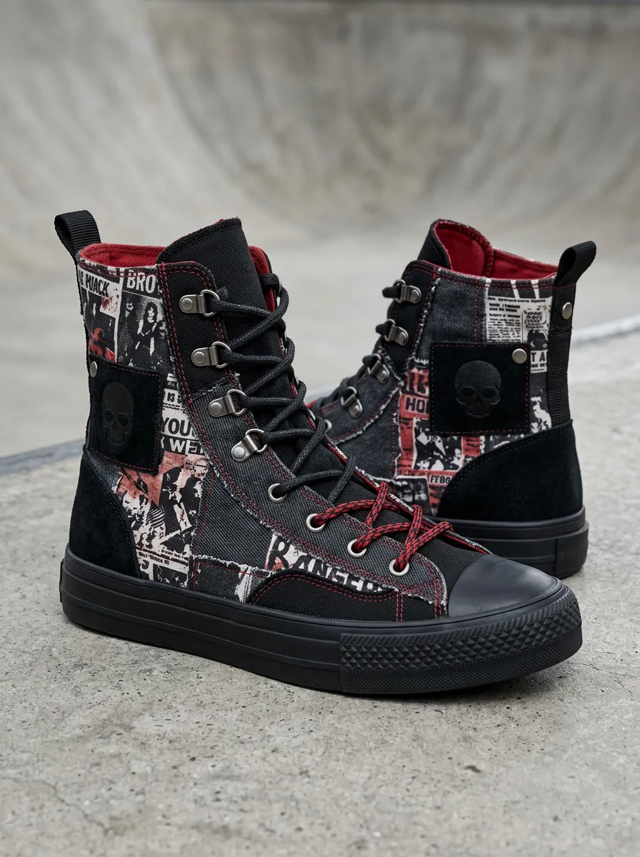 Men's Gothic Skull Newspaper Print Canvas High Top Shoes