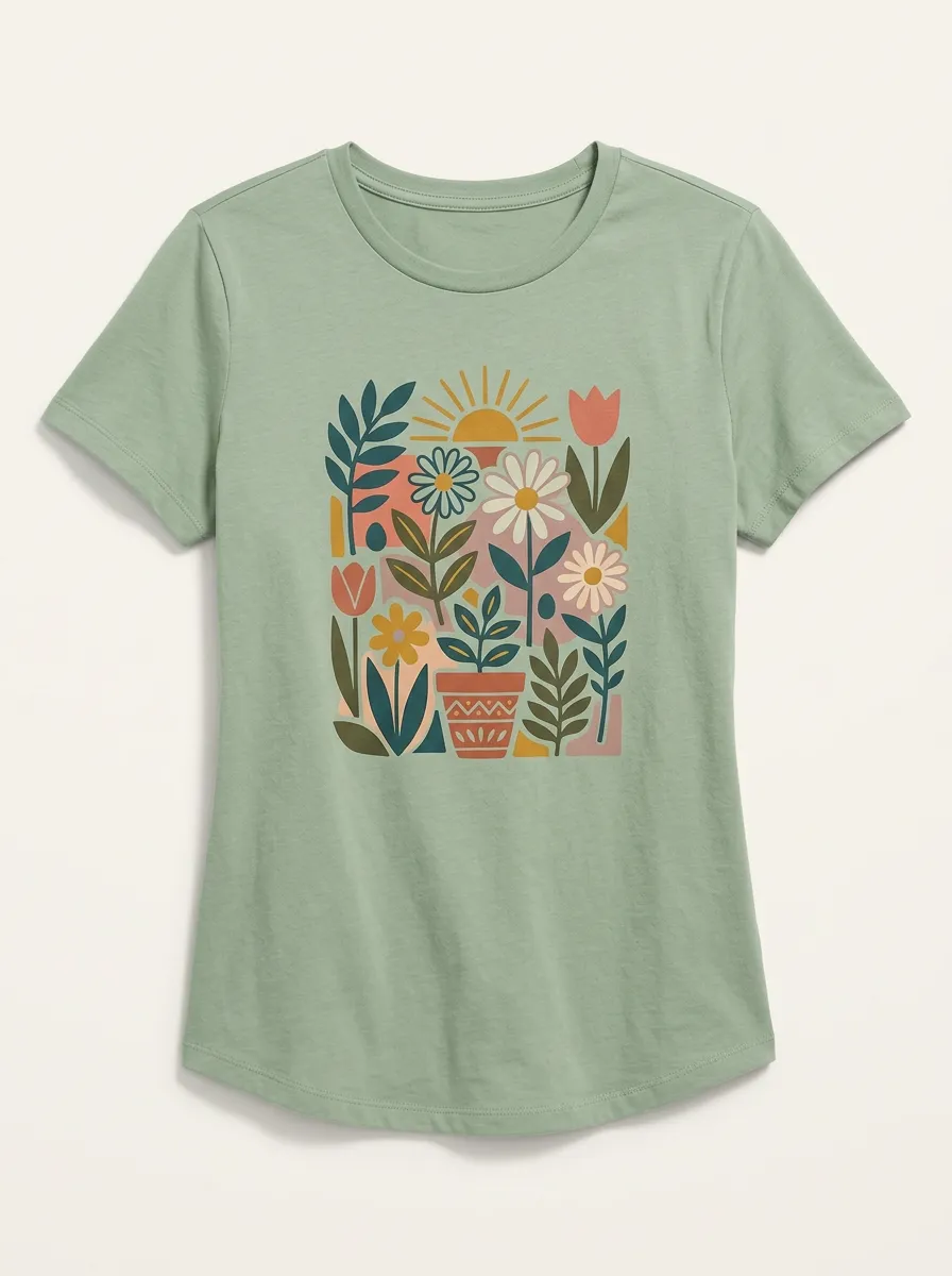 Women's Botanical Garden Sun Flower Pot Print T-Shirt