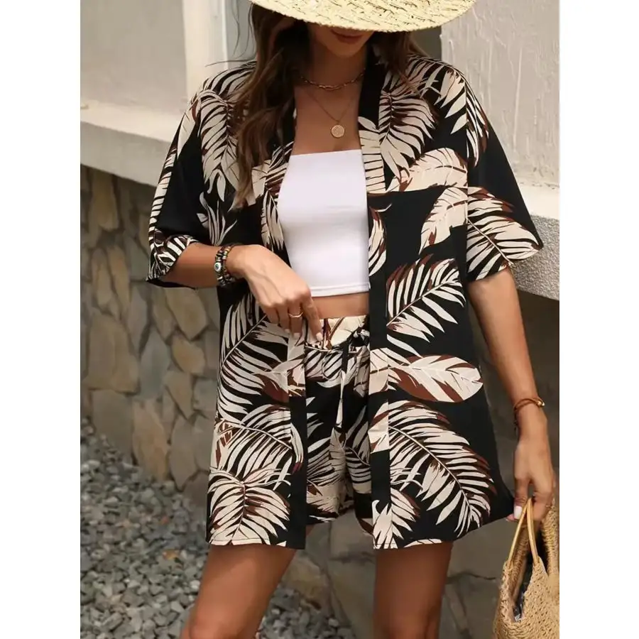 Printed Open Front Cardigan and Shorts Set
