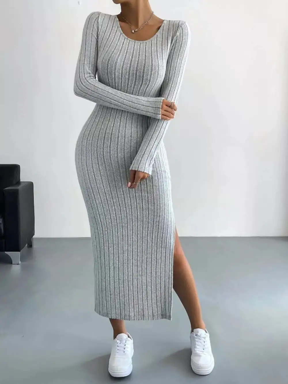Textured Detail Ribbed Knit Midi Dress