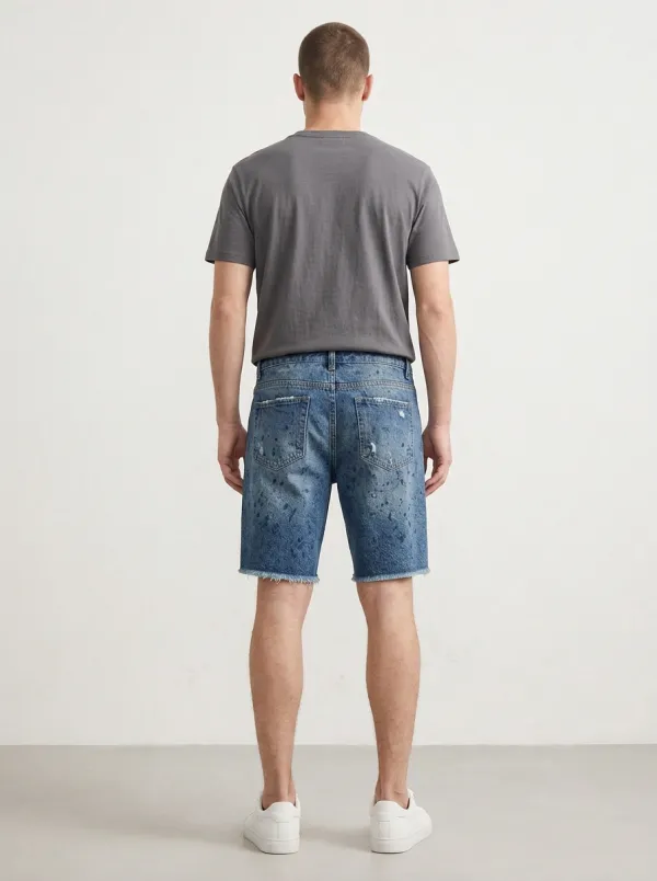 Men's Classic Paint Splatter Distressed Raw Hem Distressed Denim Shorts