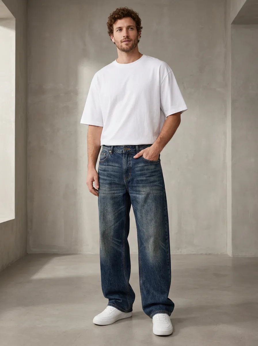 Men's Washed Distressed Loose Fit Jeans