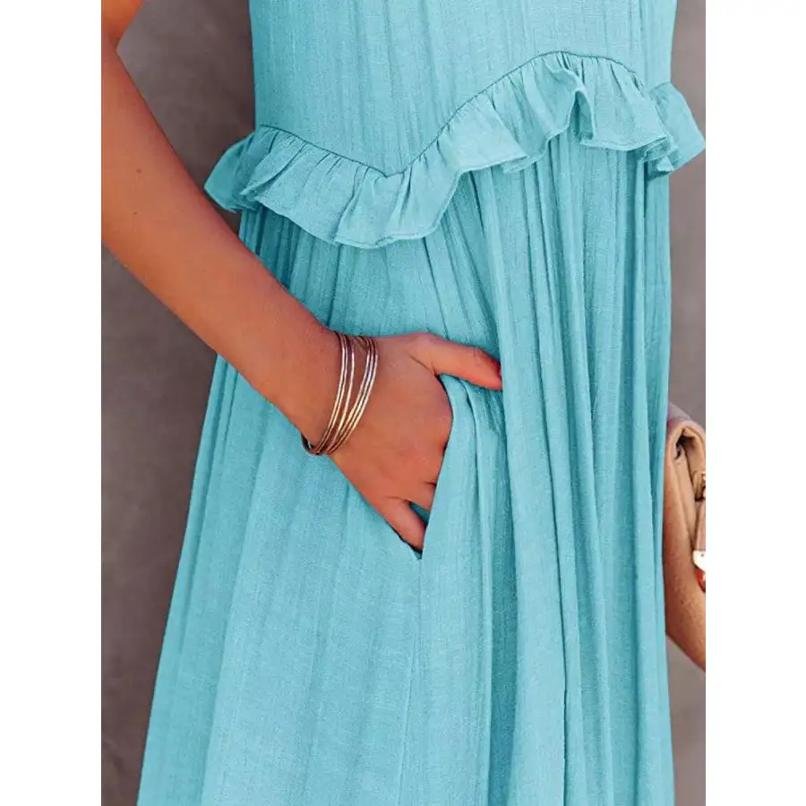 Ruffled Sleeveless Maxi Dress with Pockets