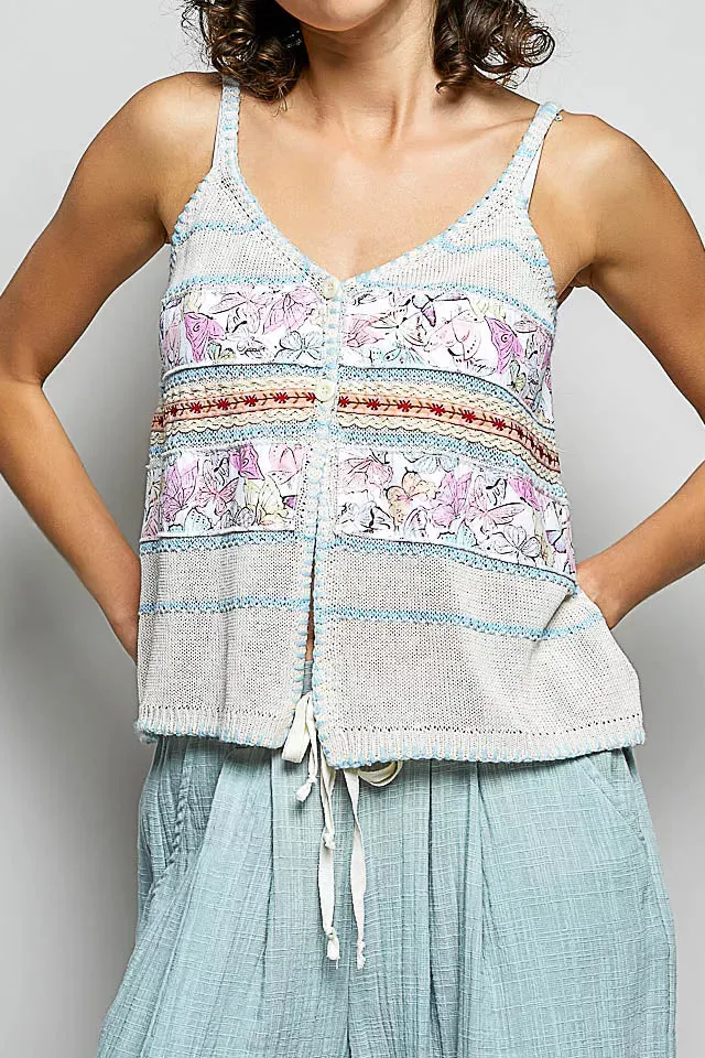 Printed Contrast Button Down Cami with Trim Detail and Blanket Stitch Shirt