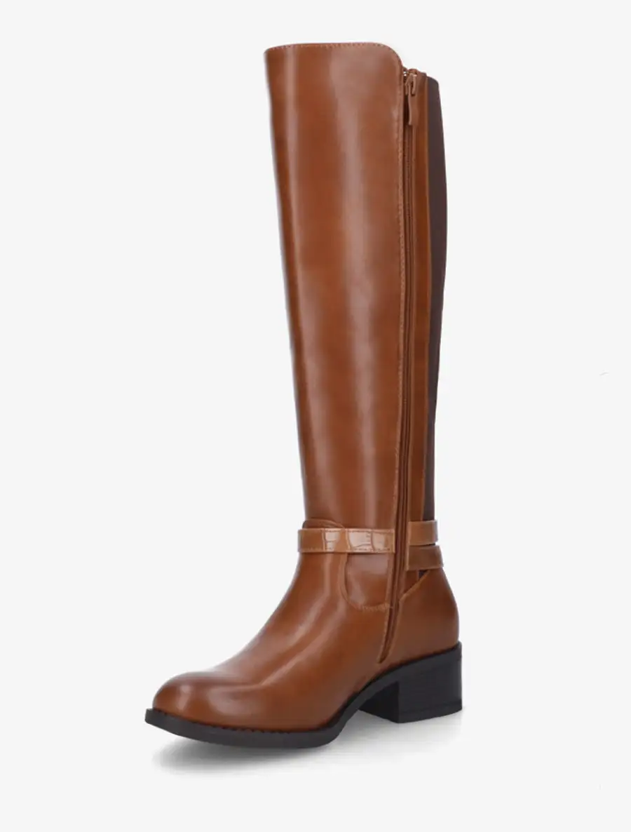 Everyday Riding Strap Detail Block Heel Faux Leather Knee High Boots