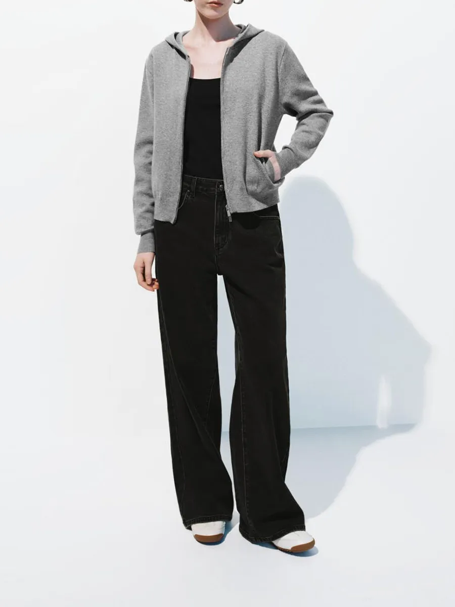 Ladies's Black Casual Denim Wide-Leg Trousers