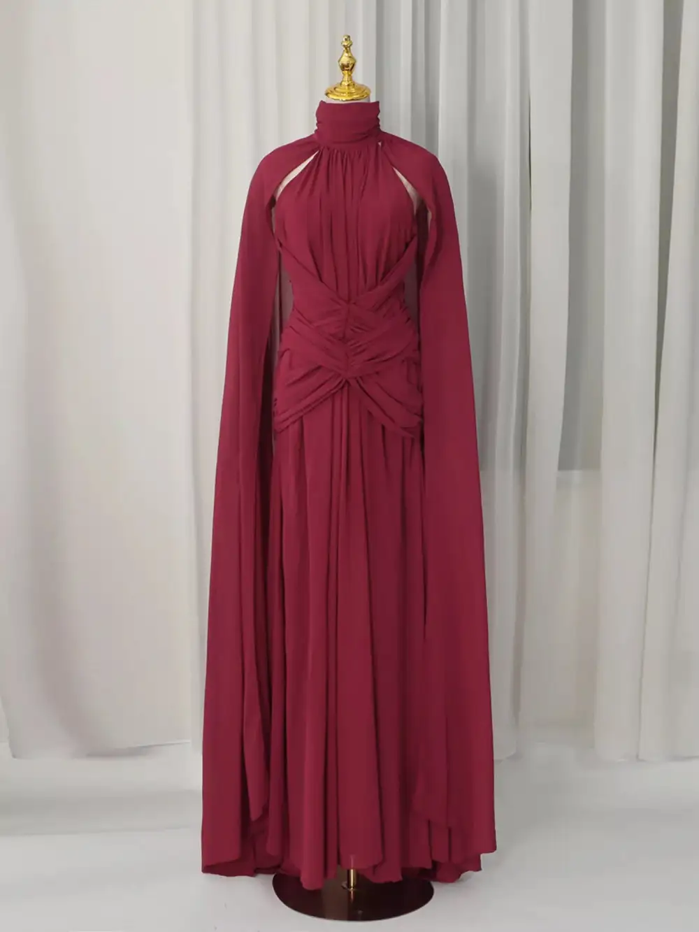 Ruched Halter Neck Cape Maxi Dress