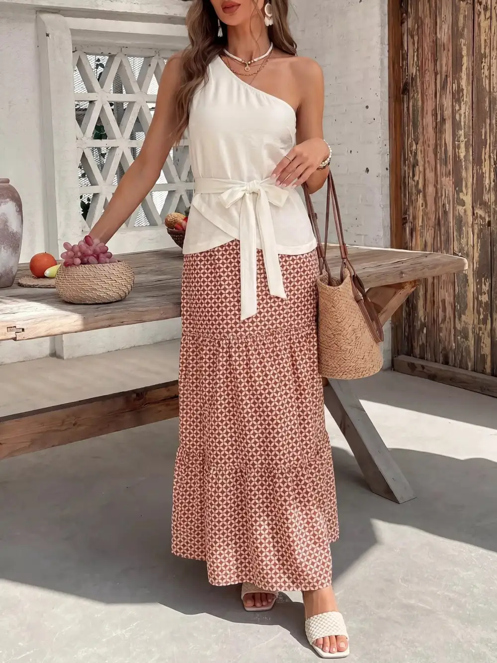 One Shoulder Printed Coordinated Set