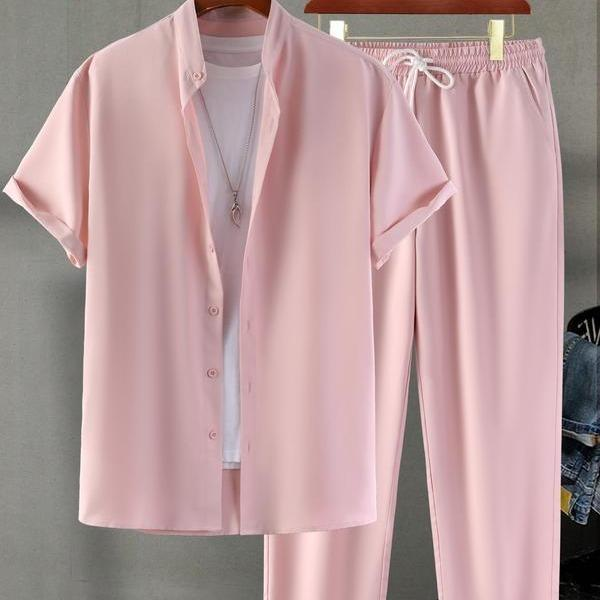 Men's Two-piece Suit Shirt and Elastic Waist Pants Set
