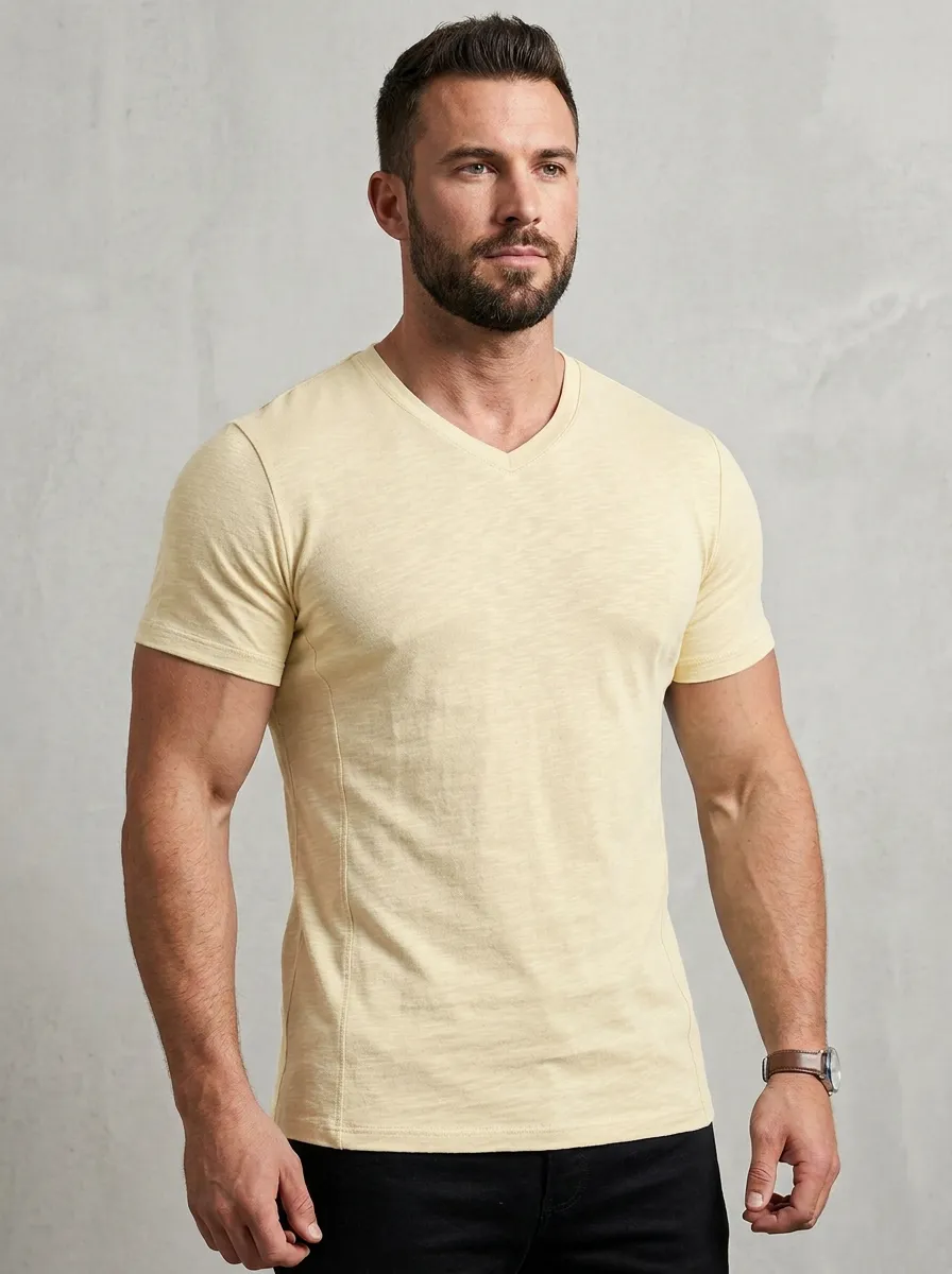 Casual Ribbed V-Neck Silhouette Men's Slim Fit Short Sleeve T-Shirt