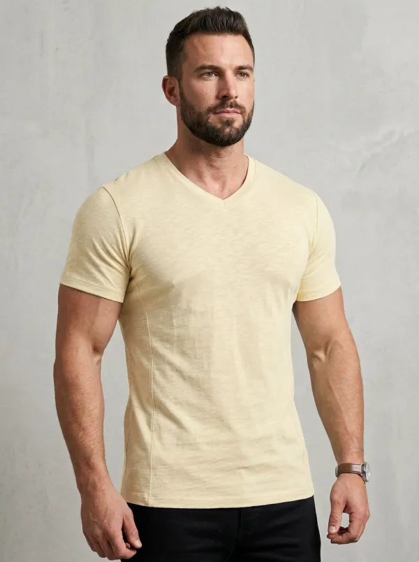 Casual Ribbed V-Neck Silhouette Men's Slim Fit Short Sleeve T-Shirt