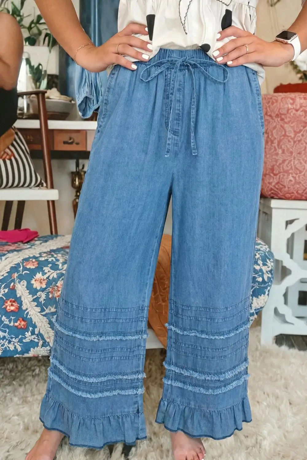 Dusk Ruffled Hem Wide Leg Chambray Pants