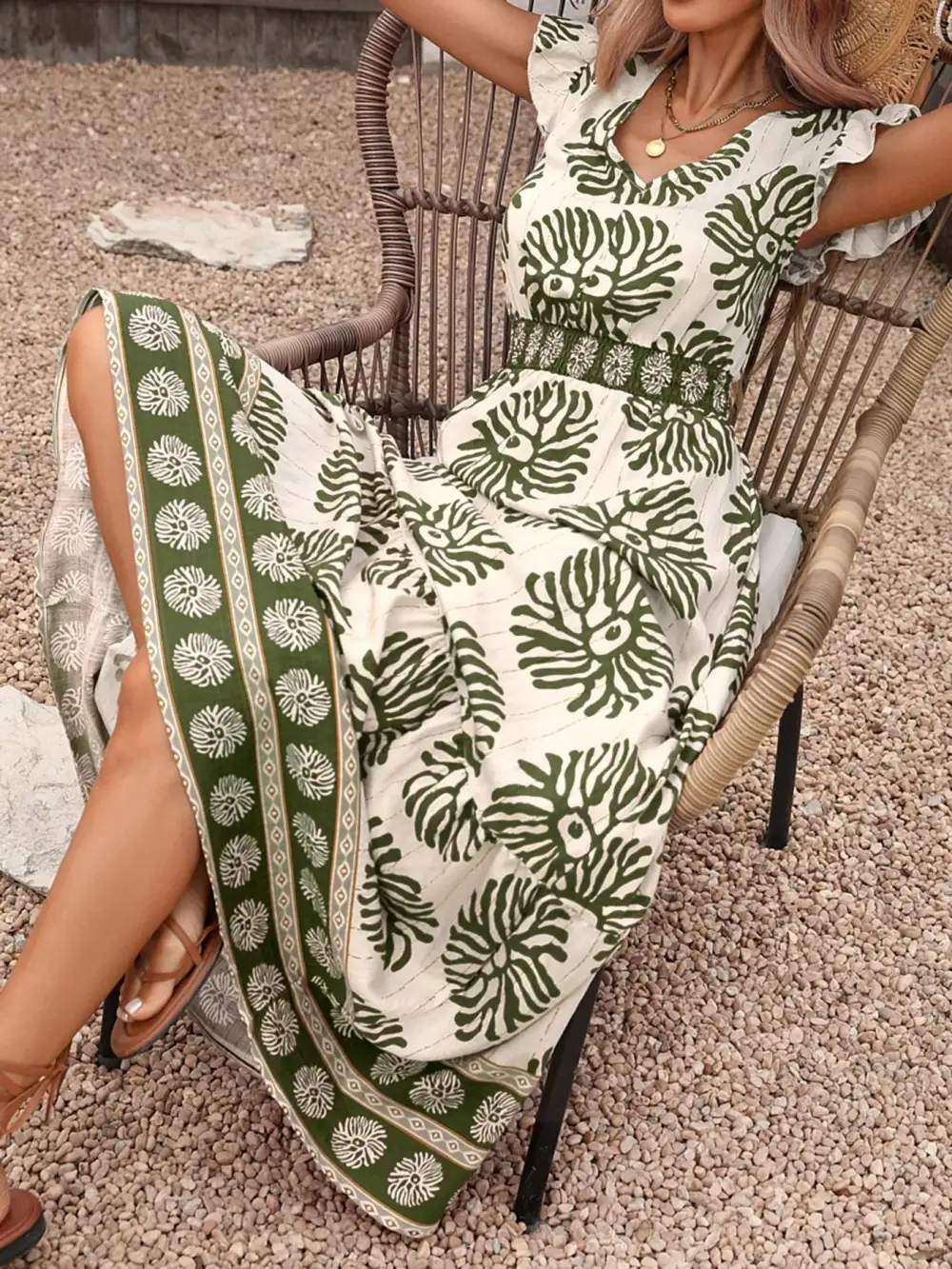 Printed V Neck Maxi Dress