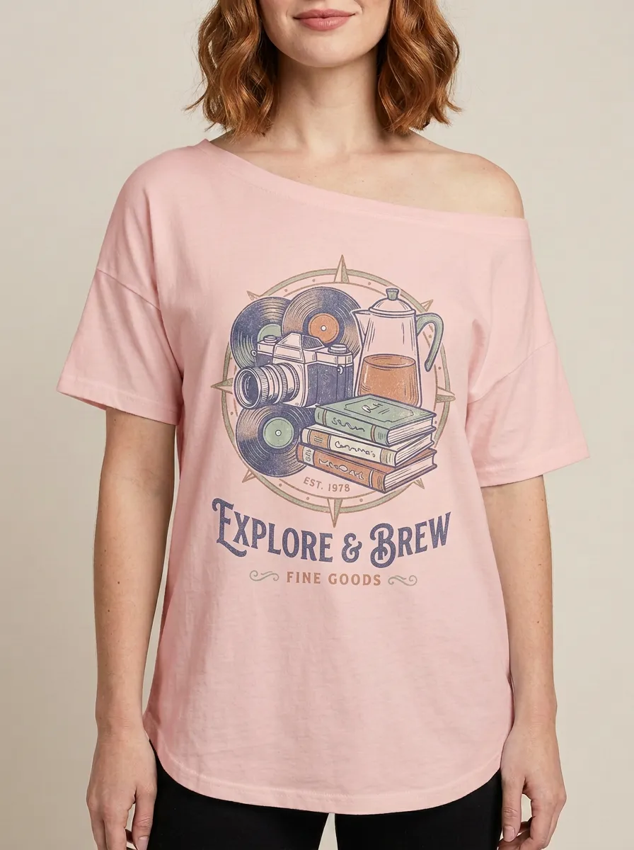 Women's Explore & Brew Camera Vinyl Book Graphic Off-Shoulder T-Shirt