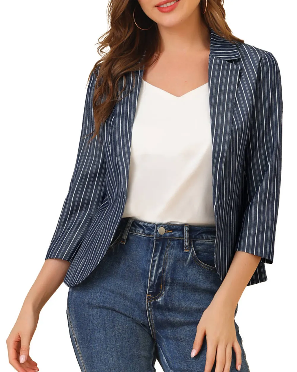 Casual Striped 3/4 Sleeves Open Front Notched Lapel Blazer