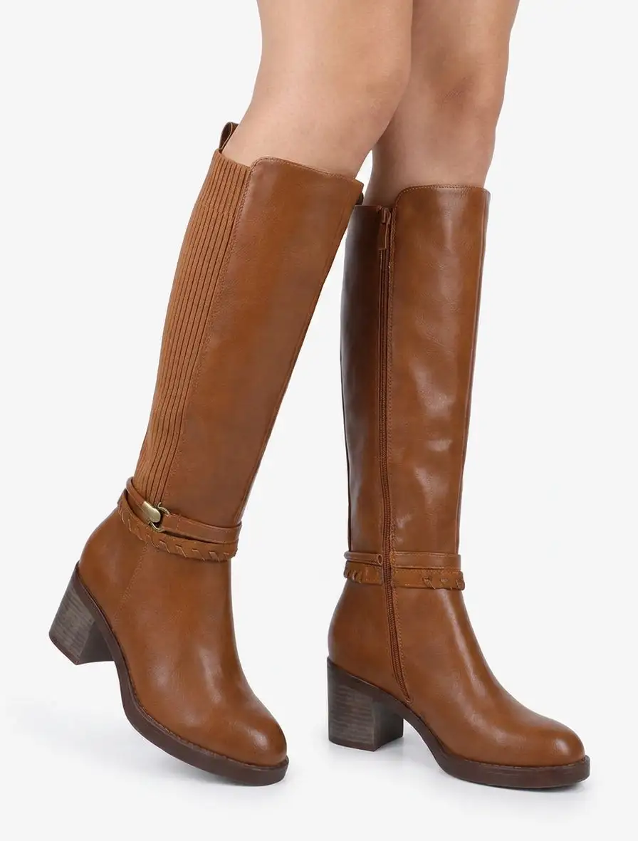 Classic Sleek Block Heel Faux Leather Knee High Boots