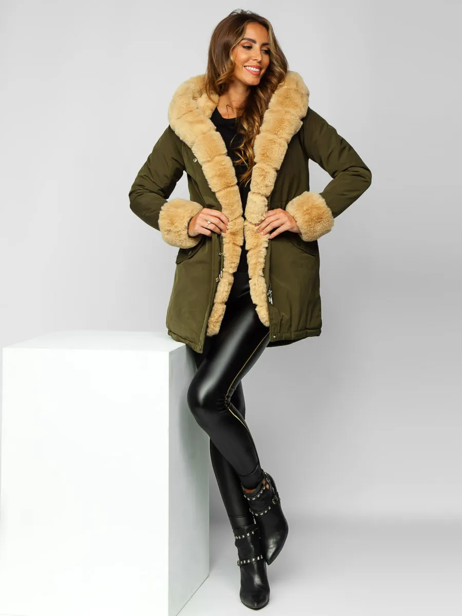 Khaki women's winter parka jacket with hood