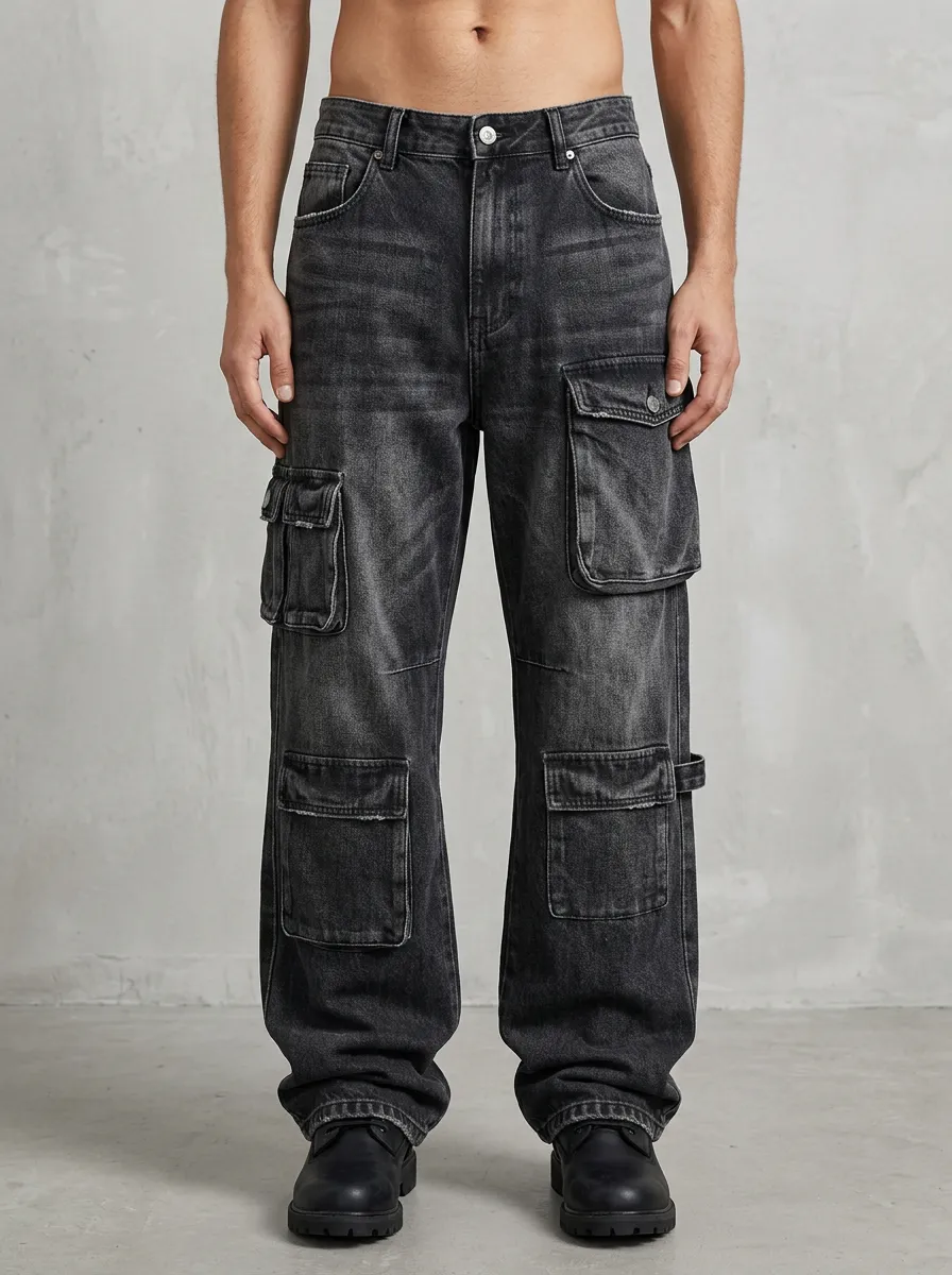 Men's Washed Black Multi-Pocket Straight-Leg Denim Cargo Pants