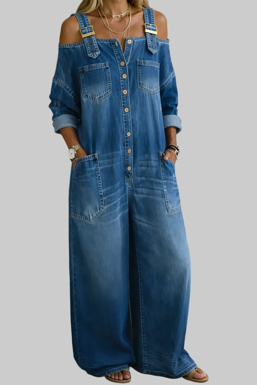 Textured Denim Relaxed Jumpsuit