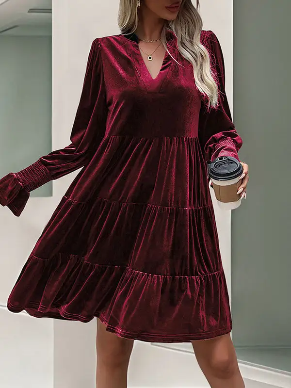 A Line Long Sleeve Pleated Solid Color Velvet V Neck Mini
