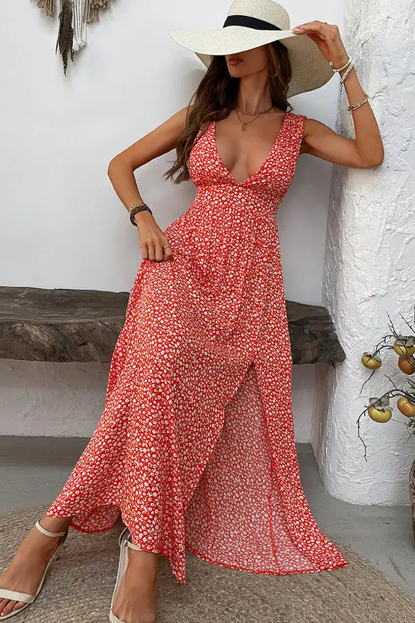 V Neck Floral Print Maxi Dress