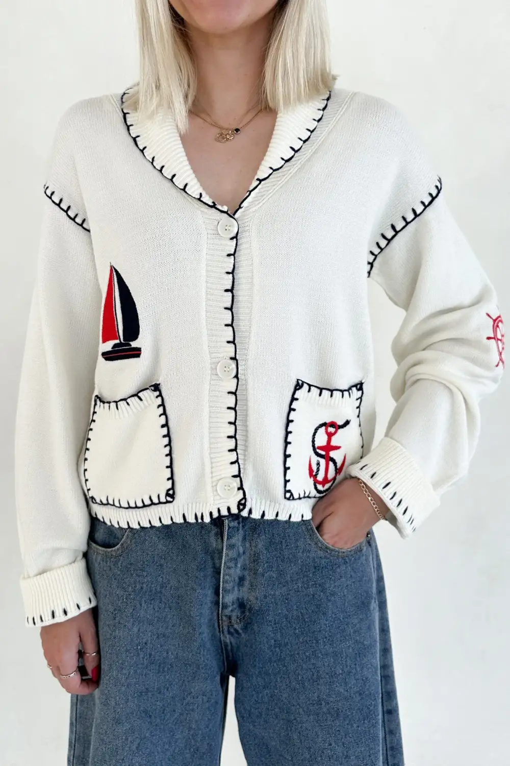 Easy Pull On Knit Embroidered Cardigan