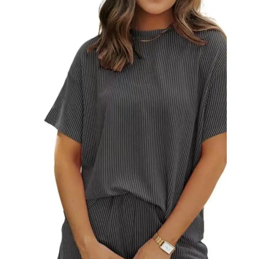 Ribbed Short Sleeve Top and Shorts Two Piece Set