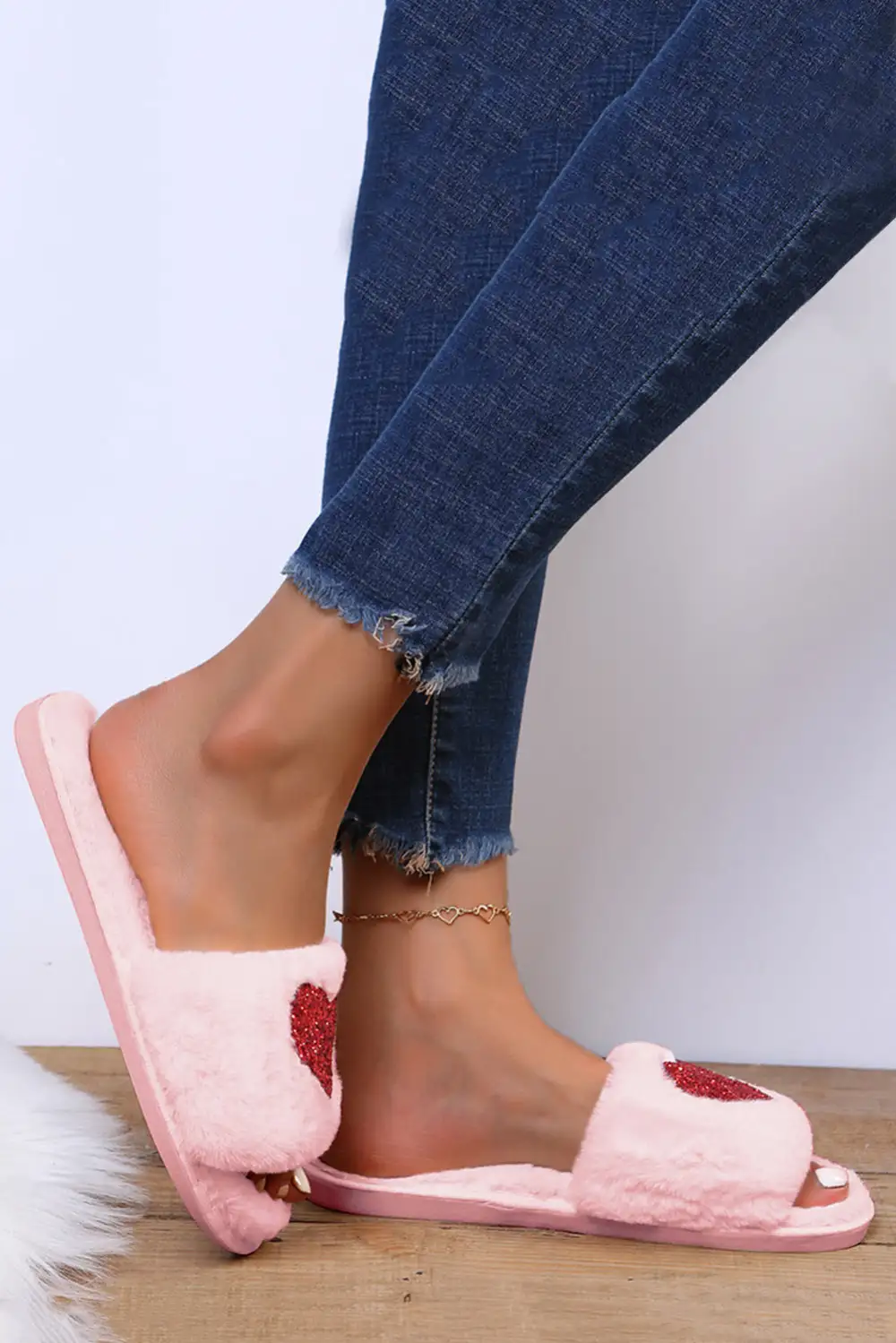 Sequin Heart Plush House Slippers