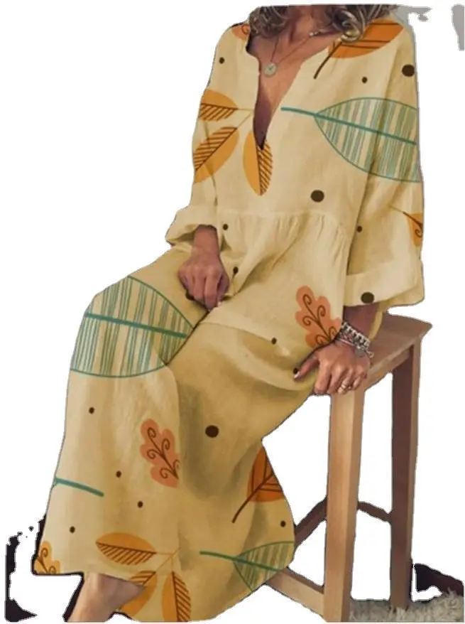 V-neck print loose long sleeve long dress for women