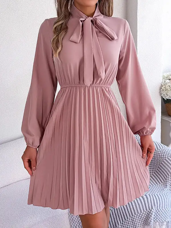 Long Sleeve Relaxed Pleated Solid Color Tied Mock Neck Mini Dress