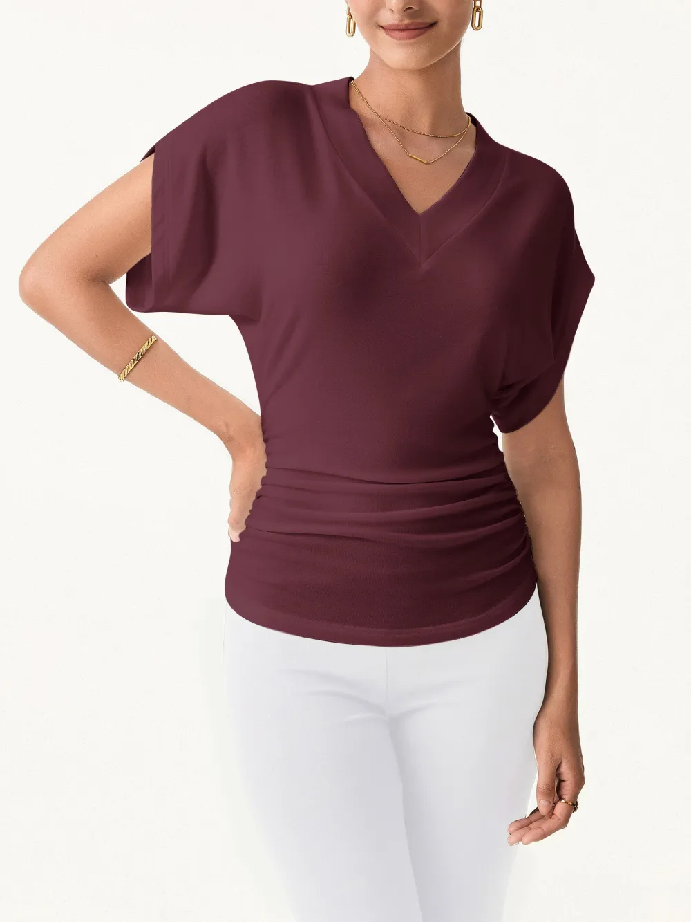 Semi-Sheer Lyocell Cashmere Blend V-Neck Short Sleeve Side Ruched Tee
