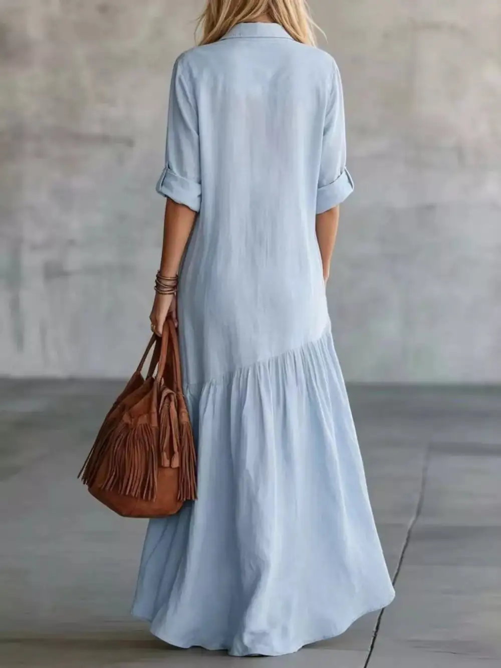 Button Front Roll-Up Sleeve Maxi Dress