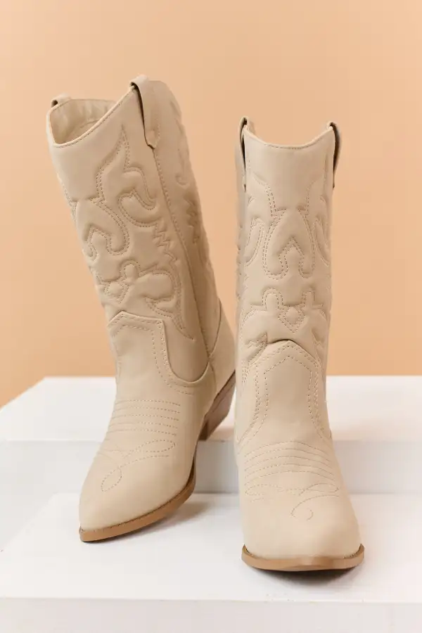 Oatmeal Faux Suede Pointed Toe Western Boots
