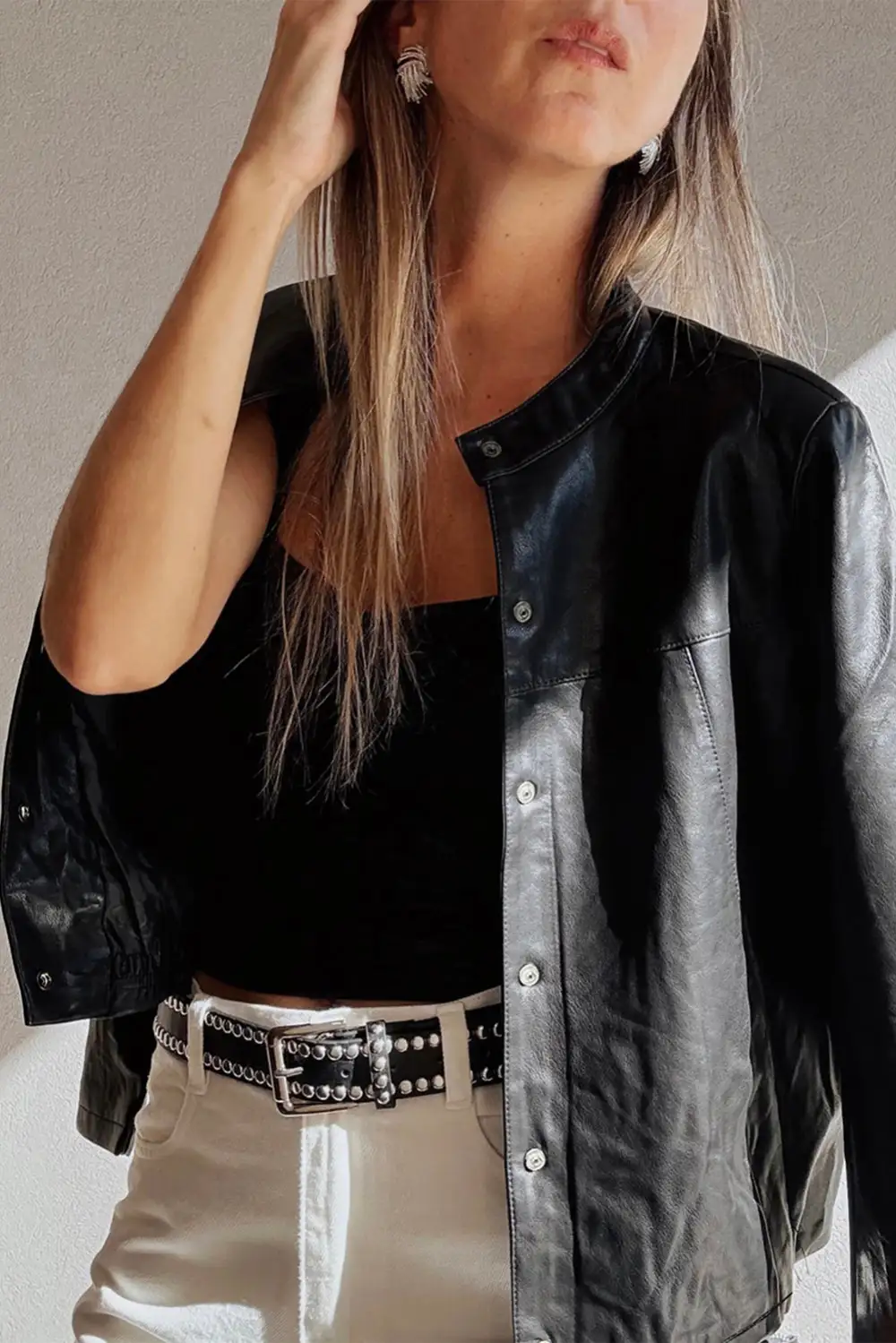 Faux Leather Button Front Boxy Jacket
