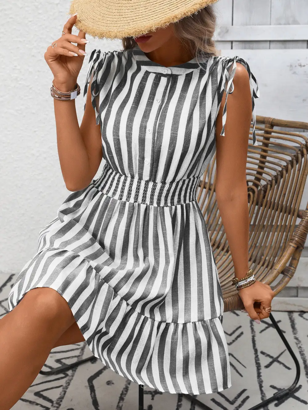 Clean Line Striped Ruffle Dress