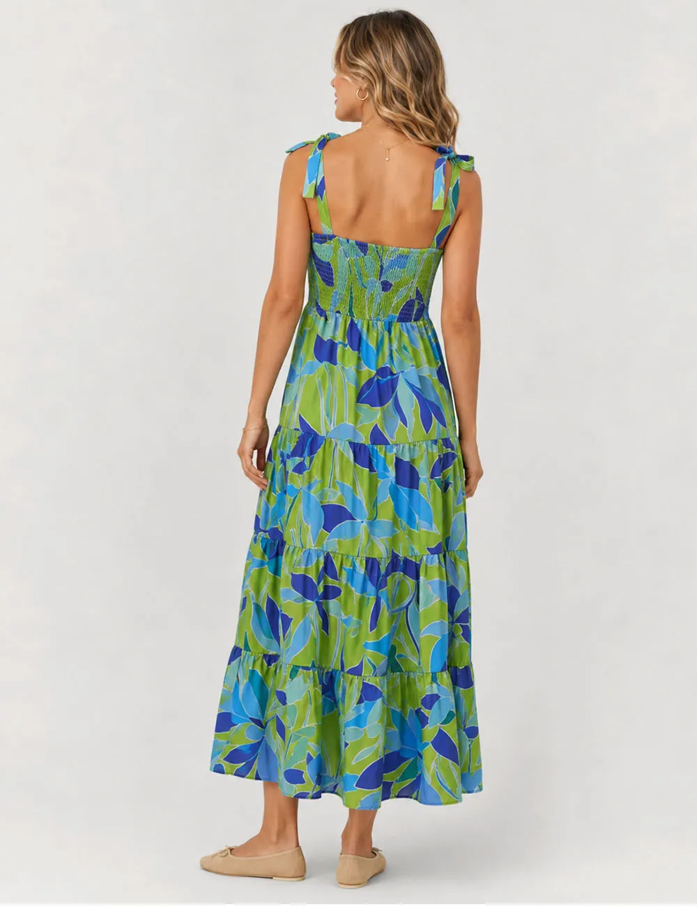 Abstract Smocked Strap Square Neck Midi Dress