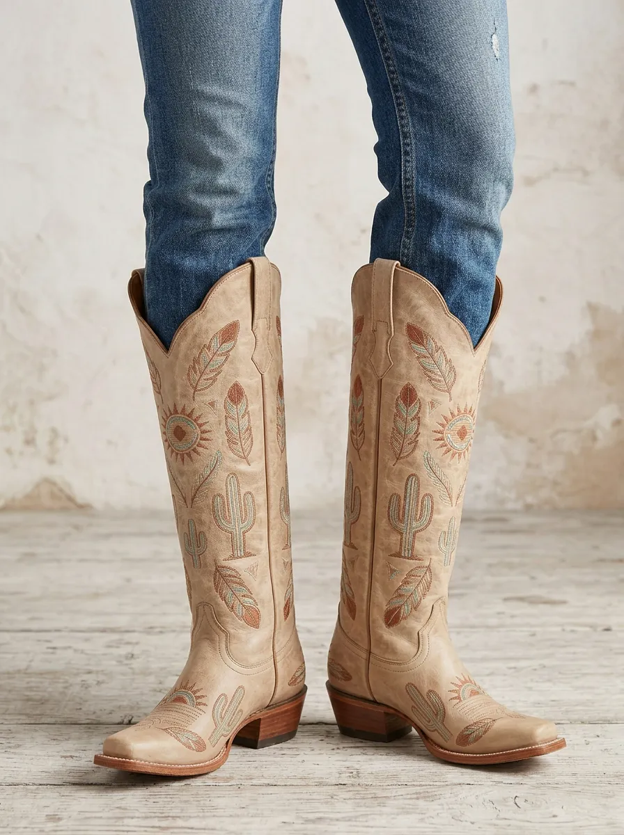 Women's Western Cactus Sun Feather Embroidered Square-Toe Block-Heel Denim Over-the-Knee Boots