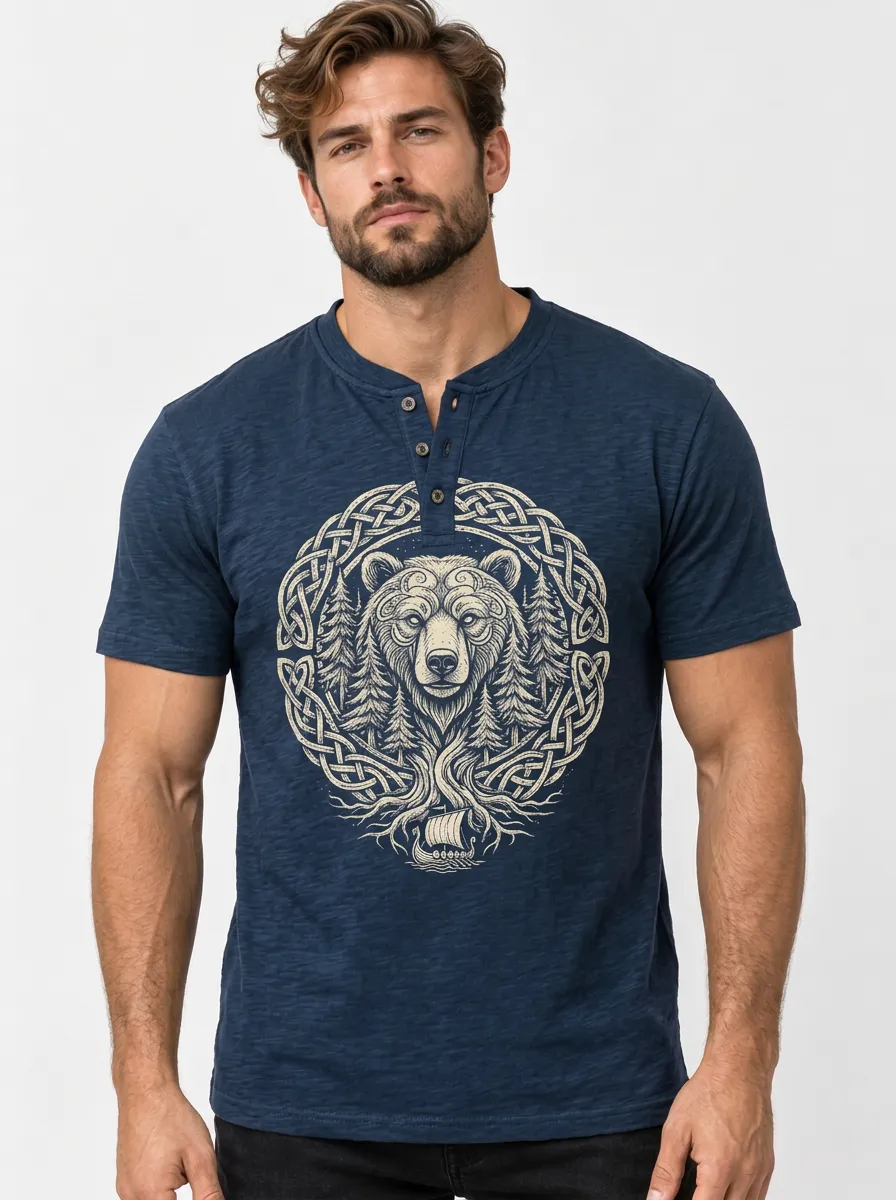 Men's Bear Crew-Neck Short-Sleeve Chest-Sleeve Relaxed Forest T-Shirt