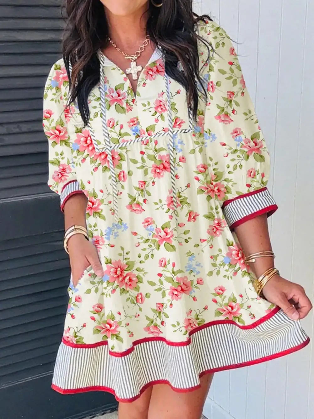 Floral Striped Puff Sleeve Dress Casual