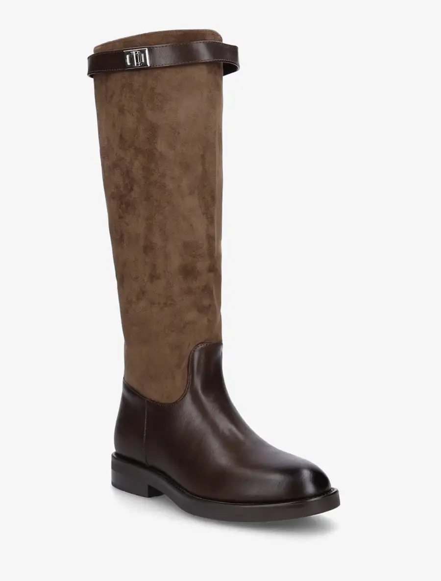 Classic Buckle Detail Block Heel Faux Suede Faux Leather Knee High Boots