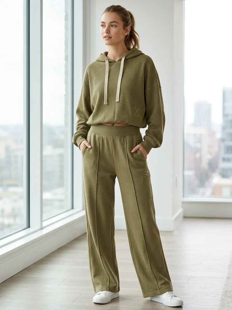 Women's Olive Waffle Knit Star Embroidered Hooded Lounge Set